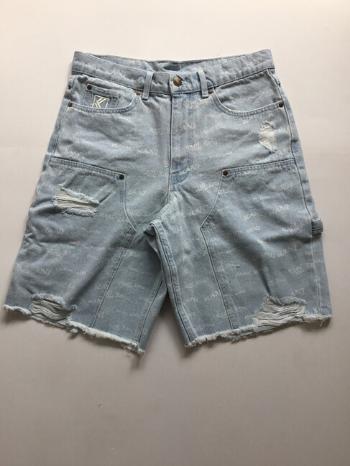 Karl Kani Og Heavy Distressed Wavy Print Carpenter Denim Shorts bleached blue - W 30