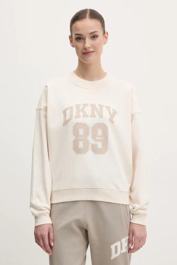 Bavlnená mikina Dkny dámska, béžová farba, s nášivkou, DP5T1230