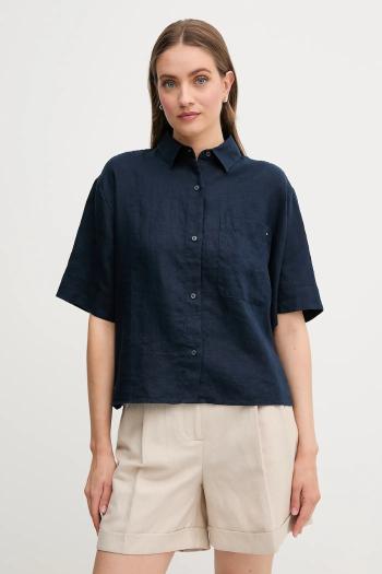 Ľanová košeľa Tommy Hilfiger tmavomodrá farba, voľný strih, s klasickým golierom, WW0WW44720