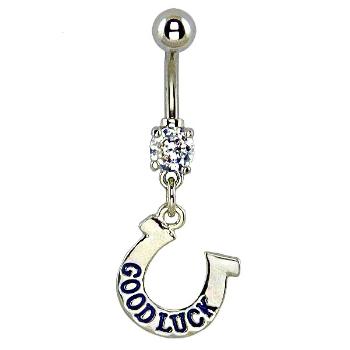Piercing do pupku - podkova, modrý nápis GOOD LUCK