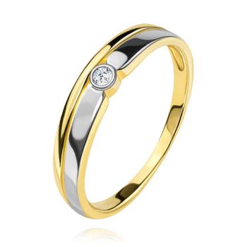 Briliantový prsteň zo 14K zlata - číry diamant v okrúhlej objímke, dvojfarebné línie - Veľkosť: 53 mm