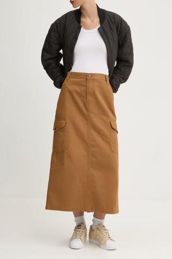 Bavlnená sukňa Dickies DUCK CANVAS hnedá farba, midi, áčkový strih, DK0A4Z2R