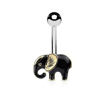 Piercing do pupku z chirurgickej ocele, sloník v čierno-zlatej farebnej kombinácii