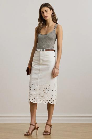 Rifľová sukňa Lauren Ralph Lauren biela farba, midi, rovný strih, 200978819