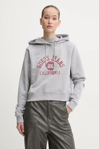 Bavlnená mikina Guess Jeans dámska, šedá farba, s kapucňou, s potlačou, W5RQ29 K68I4