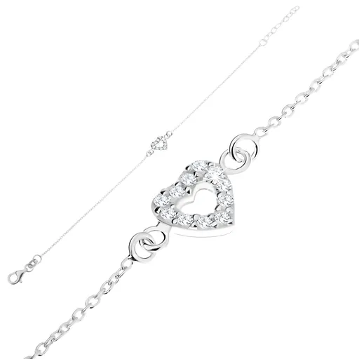 Strieborný 925 náramok, jemná retiazka, zirkónový obrys srdca, nastaviteľný