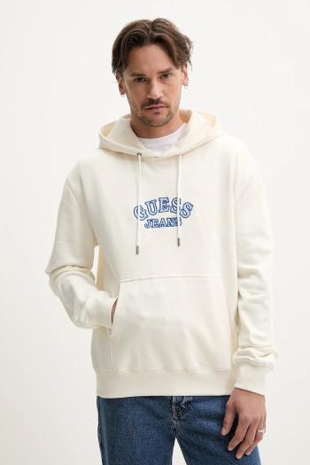 Bavlnená mikina Guess Jeans pánska, béžová farba, s kapucňou, s nášivkou, M5GQ40 KCTY1