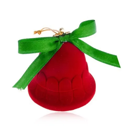 Zamatová krabička na šperk, červený zvonček, lesklá zelená mašlička