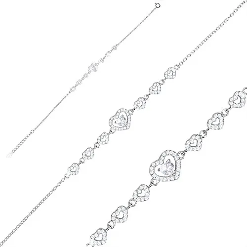 Strieborný náramok 925 - séria zirkónových srdiečok, väčšie srdce so zirkónom