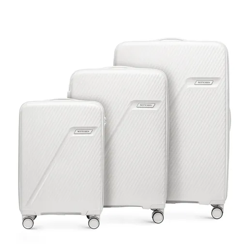 Sada polypropylénových kufrov s diagonálnymi pruhmi, biela a strieborná 56-3T-50S-89