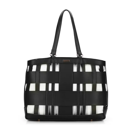 Pletená shopperka z imitácie kože čierna