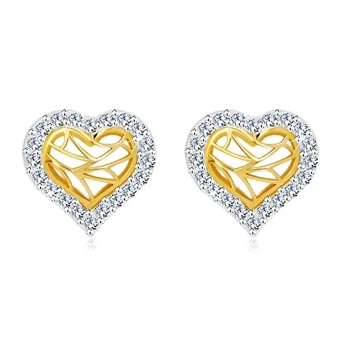Náušnice v 14K zlate - srdiečko so zirkónovým obrysom a výrezmi v strede