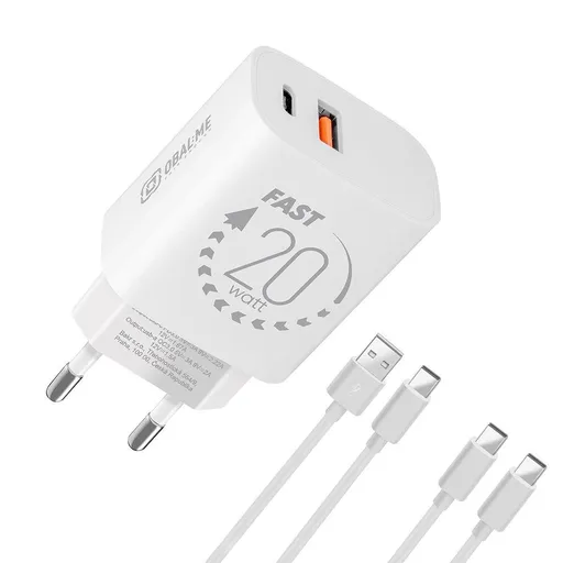 OBAL:ME Cestovná Nabíjačka USB-A + USB-C 20W + 2x kábel 1m White