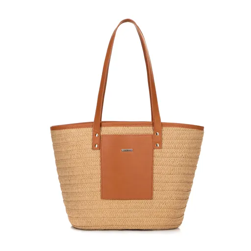 Dámsky tkaný papierový slamený košík béžovo-hnedý 100-4Y-905-95