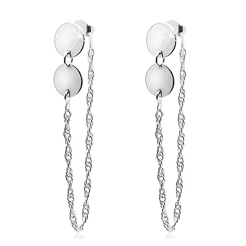 Strieborné náušnice 925, dva ploché kruhy, retiazka spojená s brzdítkom