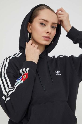 Bavlnená mikina adidas Originals dámska, čierna farba, s kapucňou, s nášivkou,  IU2515