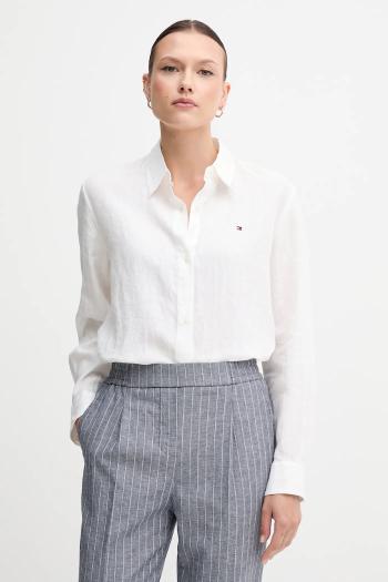 Ľanová košeľa Tommy Hilfiger biela farba, voľný strih, s klasickým golierom, WW0WW44679