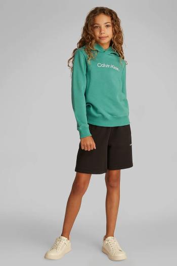 Detská bavlnená mikina Calvin Klein Jeans zelená farba, s kapucňou, s potlačou, IU0IU00679