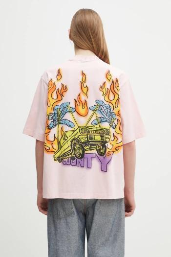 Bavlnené tričko Marcelo Burlon County Flame Boxy T-Shirt Pink Red pánske, ružová farba, s potlačou, CMAA05AS25JER0073025