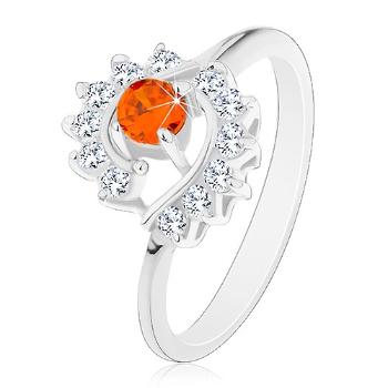 Prsteň striebornej farby, číre zirkónové oblúky, okrúhly oranžový zirkón - Veľkosť: 49 mm, Farba: Oranžová