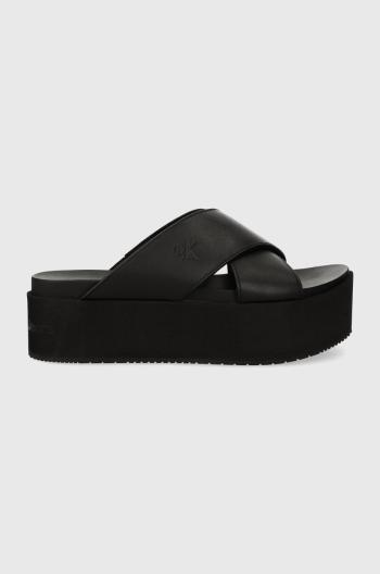 Kožené šľapky Calvin Klein Jeans FLATFORM CROSS MG UC dámske, čierna farba, na platforme, YW0YW01349