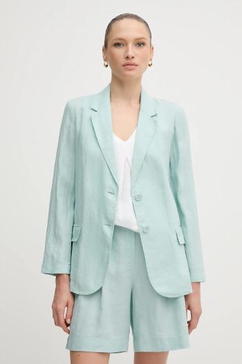 Ľanové sako United Colors of Benetton zelená farba, jednoradová, jednofarebná