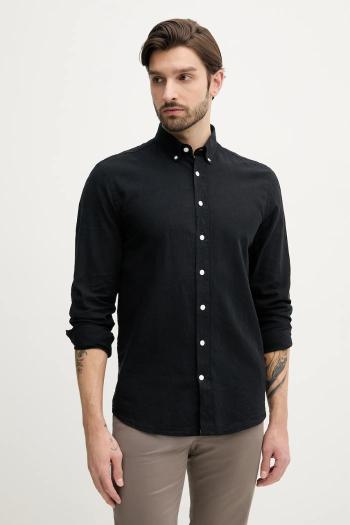 Ľanová košeľa Lindbergh pánska, čierna farba, voľný strih, s golierom button-down, 30-203344B