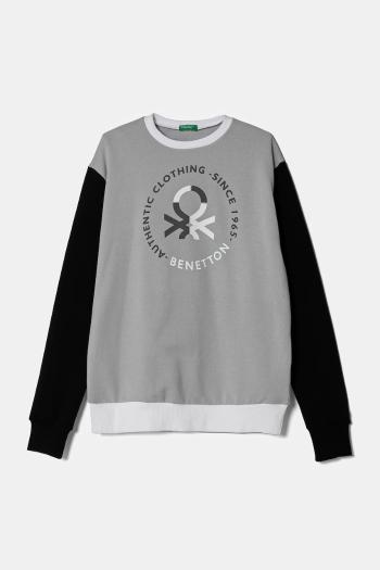 Detská bavlnená mikina United Colors of Benetton šedá farba, s kapucňou, s potlačou, 3J68C10N2