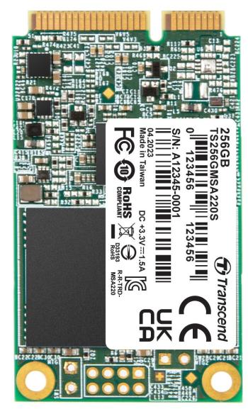 TRANSCEND MSA220S 256 GB SSD disk mSATA, SATA III 6 Gb/s (3D TLC), 560 MB/s R, 500 MB/s W