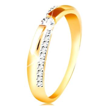 Zlatý 14K prsteň - trblietavý a hladký pás, okrúhly zirkón čírej farby - Veľkosť: 58 mm