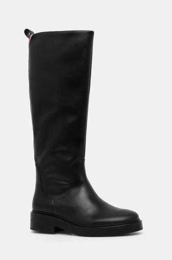 Kožené čižmy Tommy Hilfiger PREMIUM LEATHER LONG BOOT dámske, čierna farba, na plochom podpätku, FW0FW08180