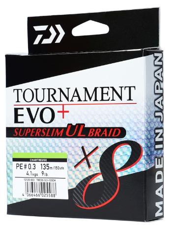 Daiwa splietaná šnúra tournament x8 evo+ super slim ul braid chartreuse 135 m - 0,08 mm 6,40 kg