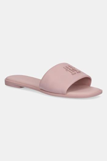 Kožené šľapky Tommy Hilfiger TH LOGO HARDWARE LEATHER MULE dámske, ružová farba, FW0FW08806