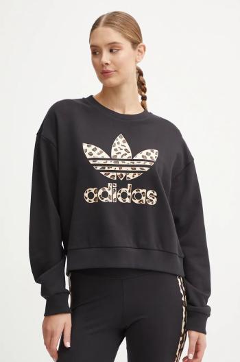 Bavlnená mikina adidas Originals Leopard Sweat dámska, čierna farba, s potlačou, IW8480