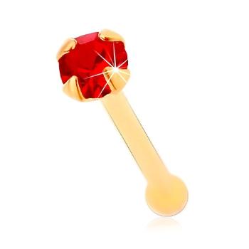 Piercing do nosa zo žltého 14K zlata, rovný - okrúhly zirkónik červenej farby, 1,5 mm