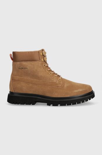 Kožená obuv Calvin Klein Jeans EVA MID LACEUP BOOT SUEDE pánska, hnedá farba, YM0YM00802