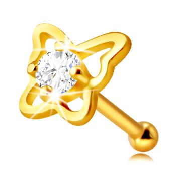 Zlatý piercing do nosa zo 14K zlata - kontúra motýľa s okrúhlym zirkónom čírej farby, 2 mm