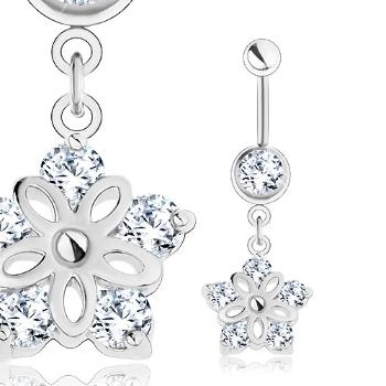 Oceľový piercing, strieborný odtieň, kvet s výrezmi, číre zirkóny