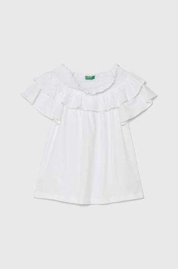 Detské tričko zo zmesi ľanu United Colors of Benetton biela farba, španielsky výstrih