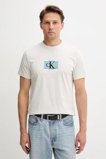 Bavlnené tričko Calvin Klein pánske, béžová farba, s potlačou, LV04RC854G