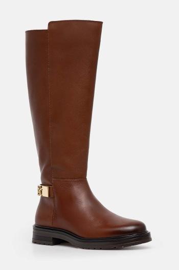 Vysoké čižmy Tommy Hilfiger TH LOGO LEATHER LONG BOOT dámske, hnedá farba, na plochom podpätku, jemne zateplené, FW0FW08335