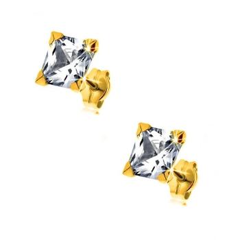 Náušnice zo žltého 9K zlata - trblietavý štvorcový zirkón čírej farby, 6 mm