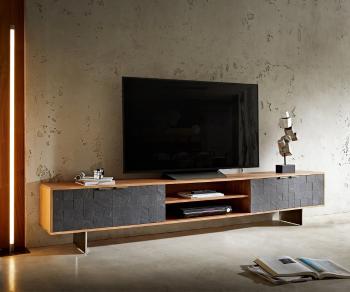 TV stolík Teele 240 cm prírodná agátová bridlica 4 dvierka podstavec