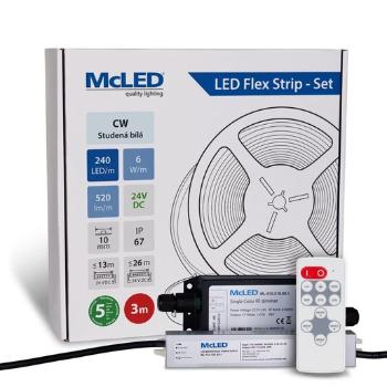 McLED  LED páska - sada 3 m + Prijímač Nano IP67, 240 LED/m, CW, 6 W/m, DC 24V, 520 lm/m, CRI90, IP67, 10 mm, vodič 3 m ML-126.032.90.S03002