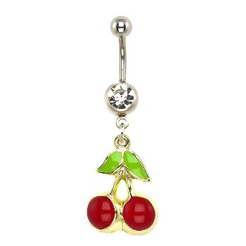 Piercing do pupka - čerešne, podklad zlatej farby