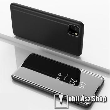 Notesz / flip tok - FEKETE - oldalra nyíló áttetsző tükrös flip cover, asztali tartó funkció, műanyag belső - HUAWEI Y5p / HONOR 9S