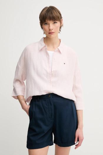 Ľanová košeľa Tommy Hilfiger ružová farba, voľný strih, s klasickým golierom, WW0WW46169
