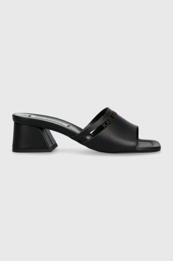 Kožené šľapky Karl Lagerfeld PLAZA dámske, čierna farba, na podpätku, KL32405