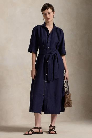Hodvábne šaty Polo Ralph Lauren tmavomodrá farba, midi, áčkový strih, 211941458