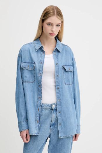 Bavlnená košeľa Tommy Jeans modrá farba, voľný strih, s klasickým golierom, DW0DW21073